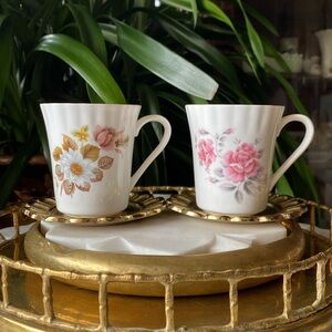 Vintage Pair of Fine Bone China Floral + Gold Trim Fluted Mugs - Made in England